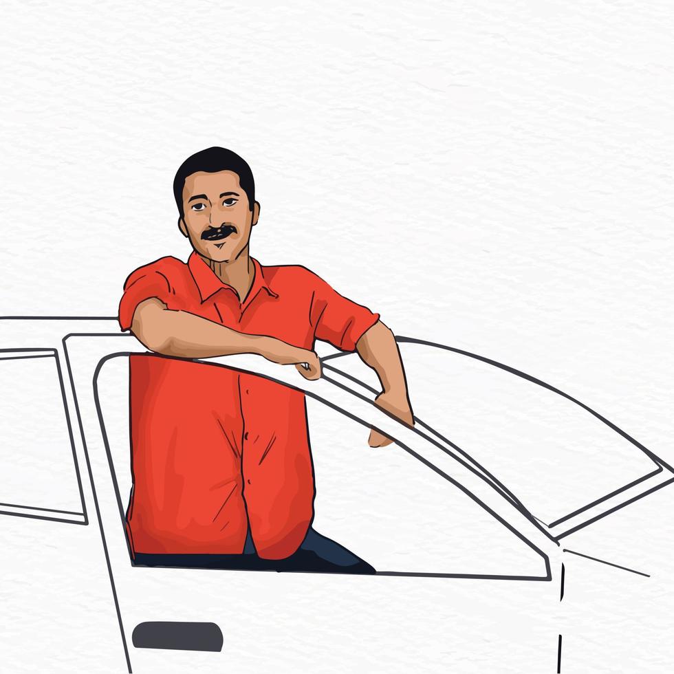 une homme dans une rouge chemise est permanent dans une voiture et est souriant ligne dessin et illustration vecteur