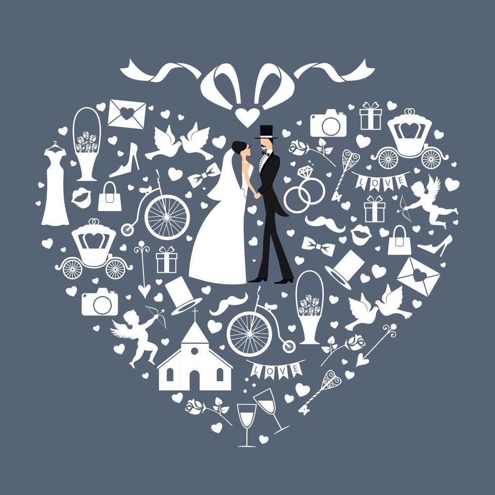 carte de mariage avec symboles blancs, mariés. illustration vectorielle. vecteur