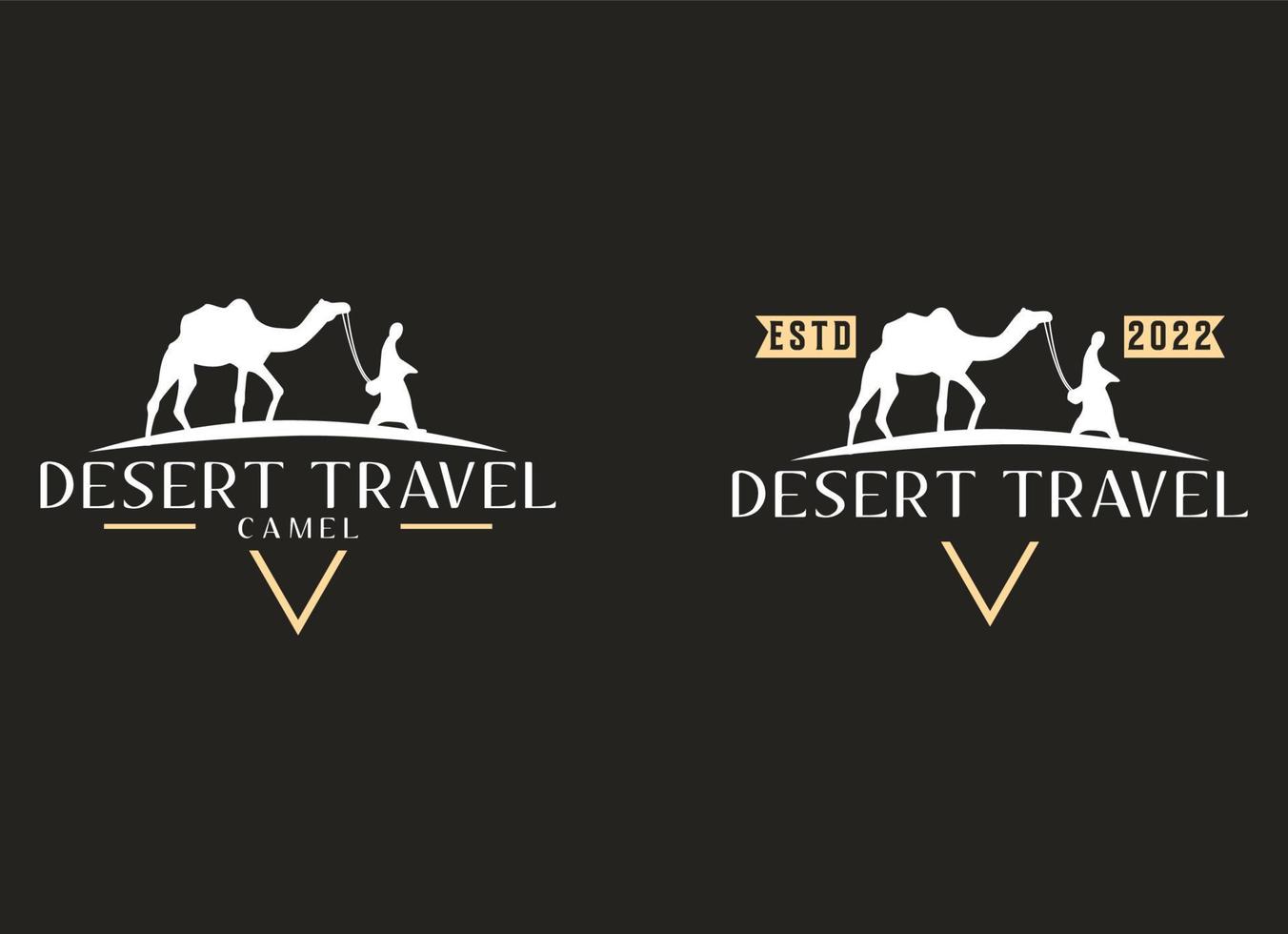 arabe logo caravane chameaux dans désert dunes sur beige Couleur or le sable en dessous de chaud Soleil dans cercle ondulé modèle Contexte vecteur