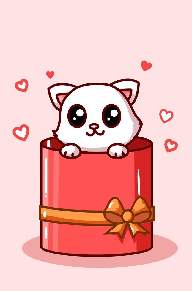 chat kawaii dans la boîte de valentine présente illustration de dessin animé vecteur