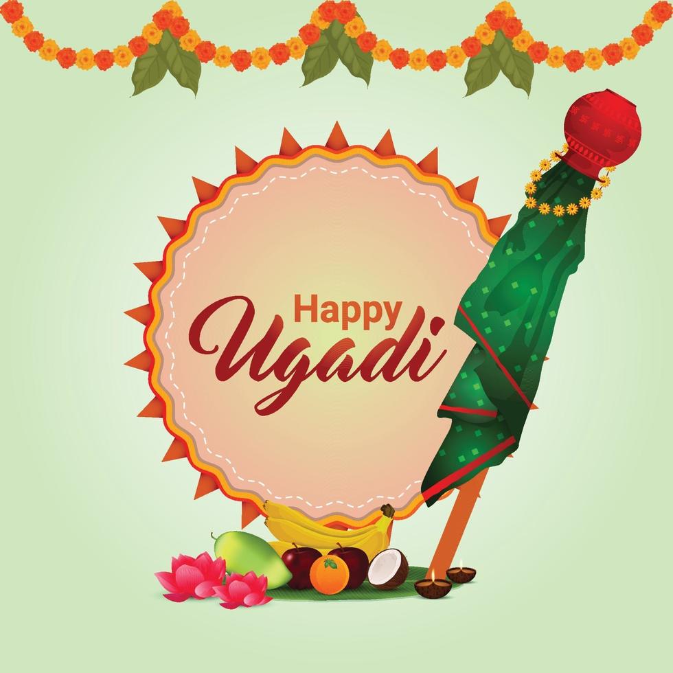 joyeux gudi padwa ou joyeux ugadi carte de voeux avec kalash traditionnel vecteur