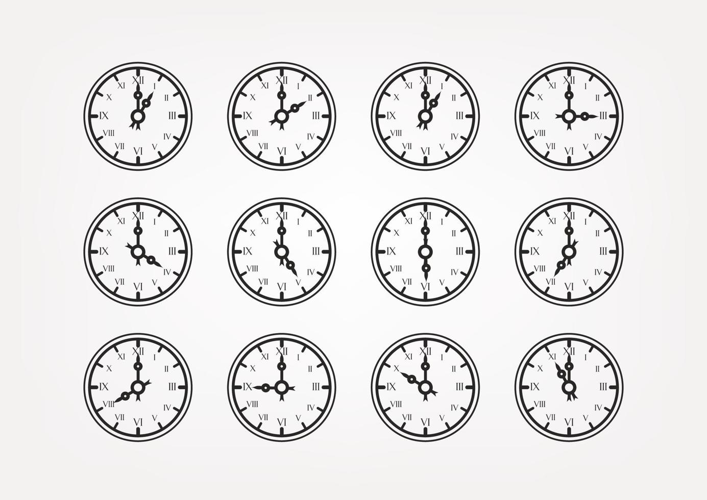 silhouettes de vecteur d'horloge de style rétro avec position de flèches différentes