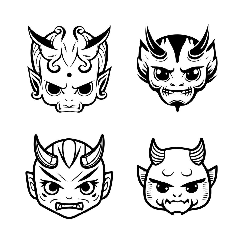 délicieux main tiré kawaii oni masque collection ensemble, mettant en valeur mignonne et charmant ligne art des illustrations de traditionnel Japonais folklore vecteur