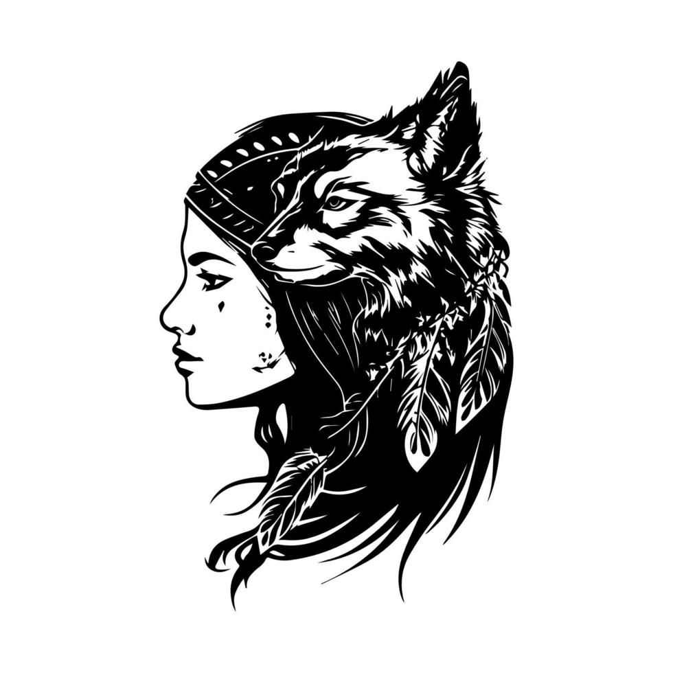 une étourdissant main tiré illustration de une magnifique fille portant un Indien chef casque, avec complexe détails et ombres vecteur