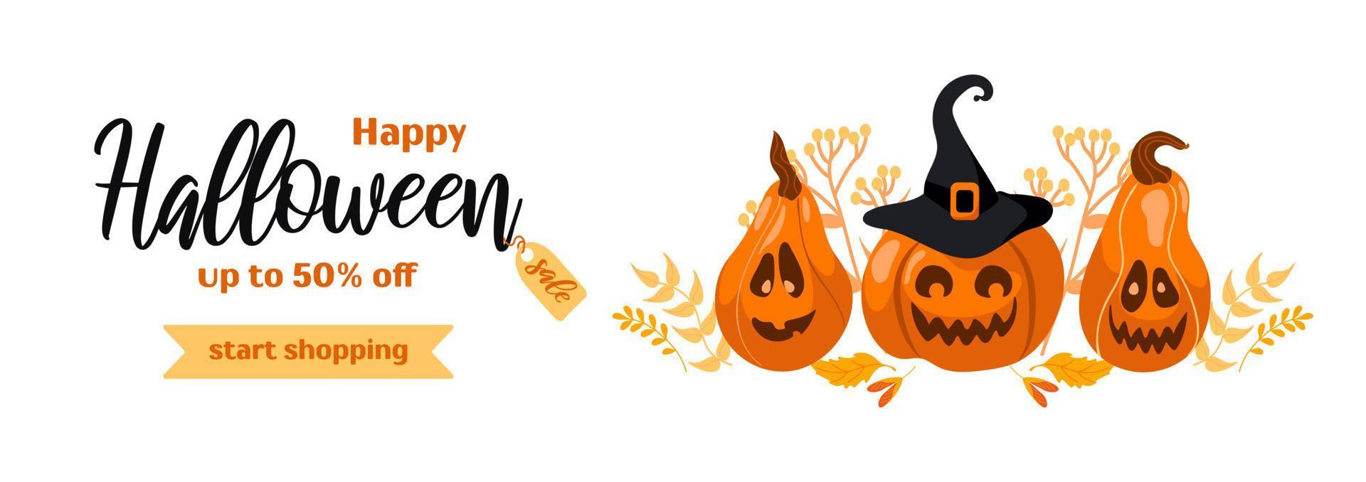 content Halloween vente. brillant horizontal bannière dans dessin animé style dans Orange et noir tons. citrouille citrouille d'Halloween, sorcière chapeau, l'automne feuilles. pour La publicité bannière, affiche, prospectus vecteur