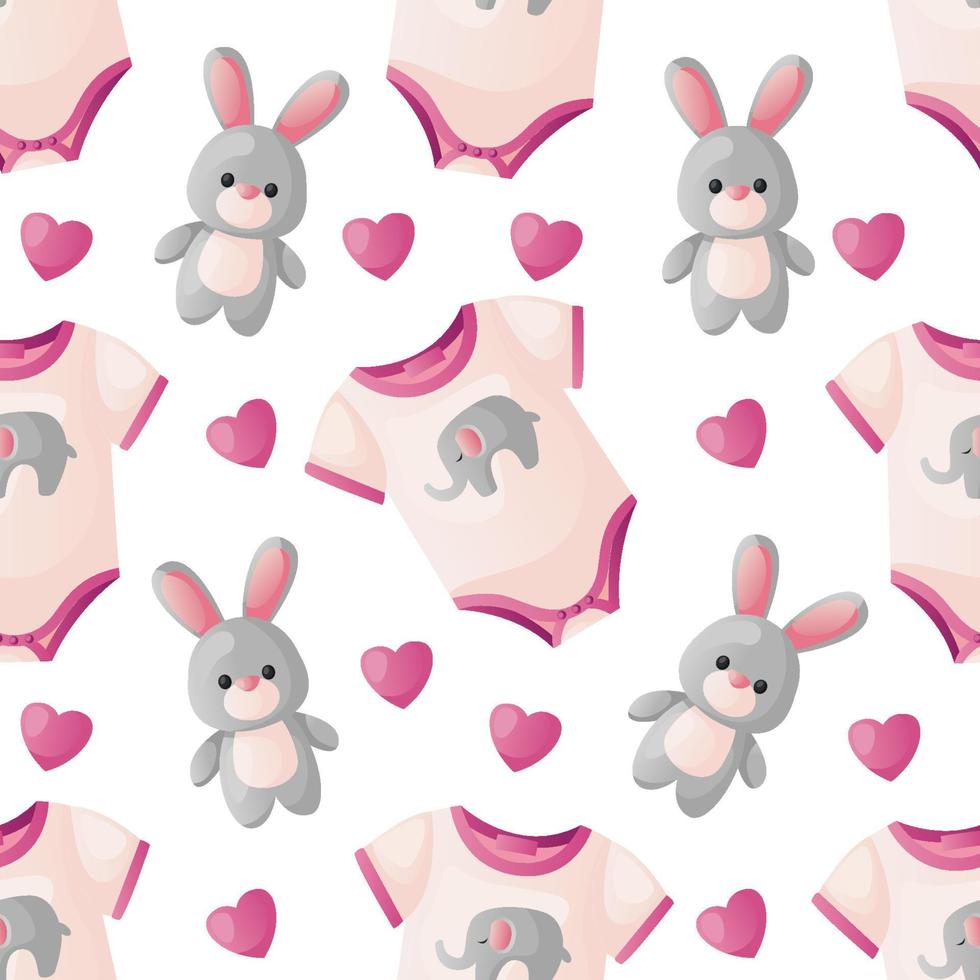 modèle avec mignonne rose bébé le maillot de corps avec éléphant, cœur, jouet nounours lapin. enfant maillot ,vêtements, peluche. bébé douche invitation. c'est une fille. Bonjour bébé fête, vacances, événement. bannière, prospectus. vecteur