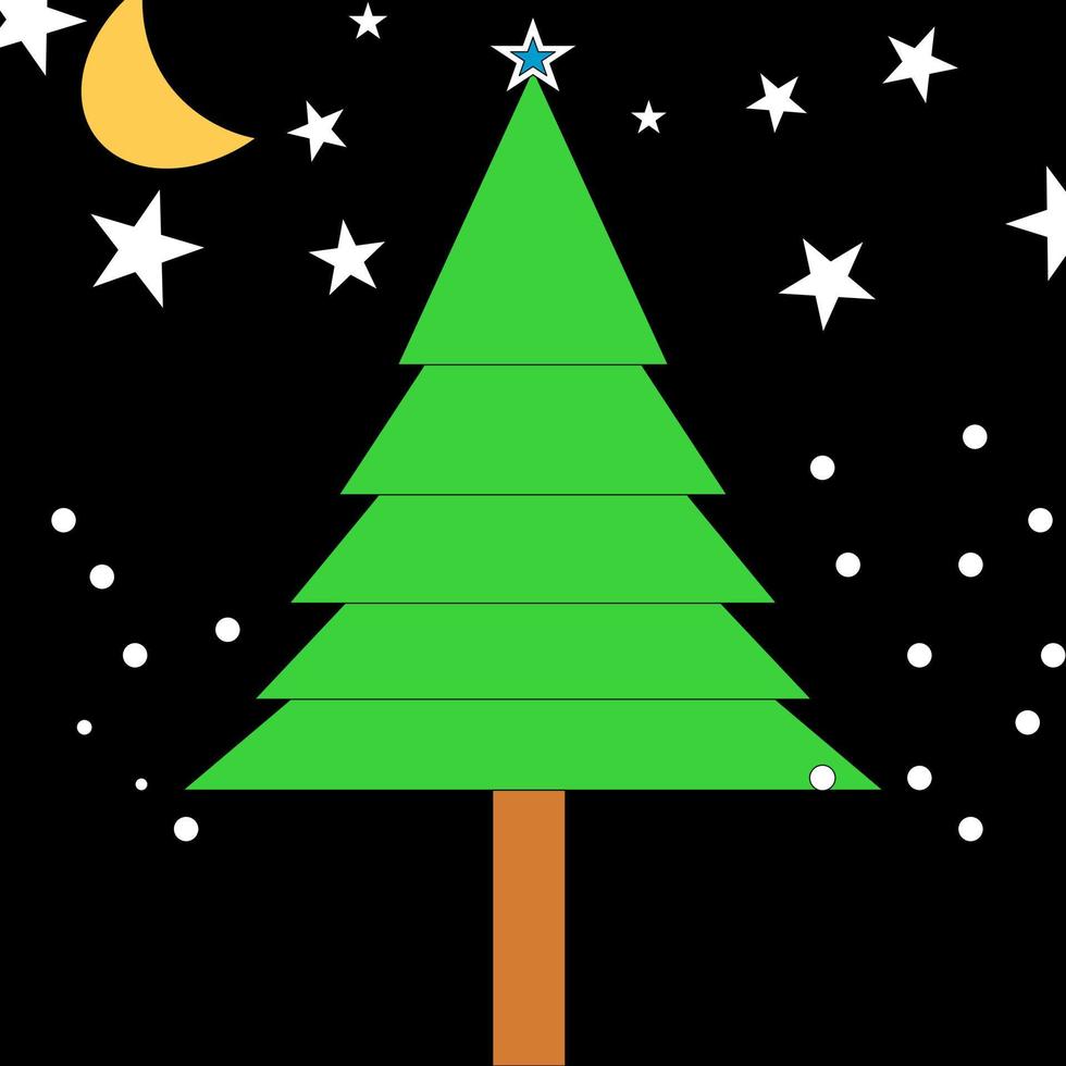 vert pin Noël arbre avec blanc neige et tout étoile dans noir foncé nuit Contexte. moitié Jaune croissant lune sur ciel vecteur