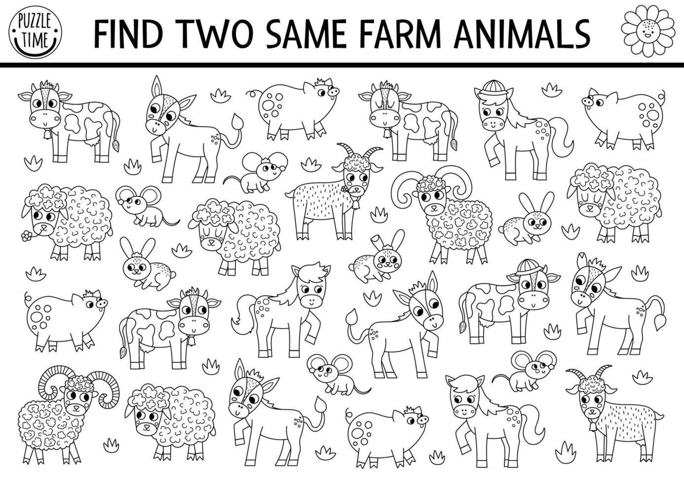 trouver deux même ferme animaux. sur le ferme noir et blanc correspondant à activité pour les enfants. éducatif coloration page pour des gamins pour attention compétences. Facile imprimable Jeu avec mignonne cochon, vache, chèvre, cheval vecteur