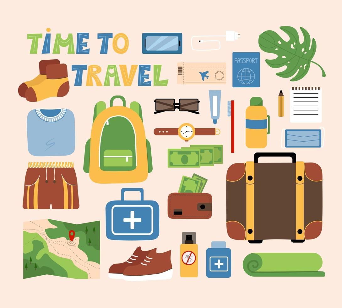 ensemble de choses touristiques, articles de voyage, ensemble pour hommes, valise d'objets vectoriels, sac à dos, trousse de premiers soins, argent dans le portefeuille, passeport, billet d'avion. vecteur