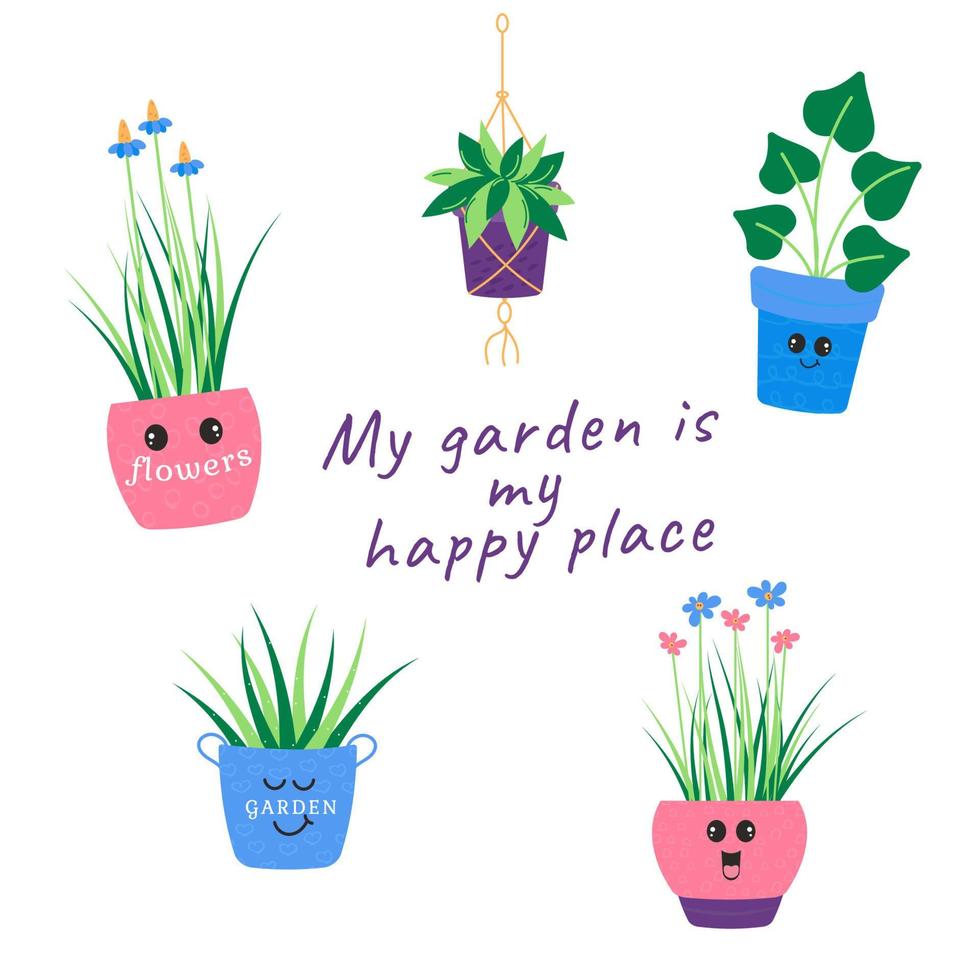 affiche mignonne kawaii maison les plantes avec une inscription mon jardin est mon content endroit vecteur