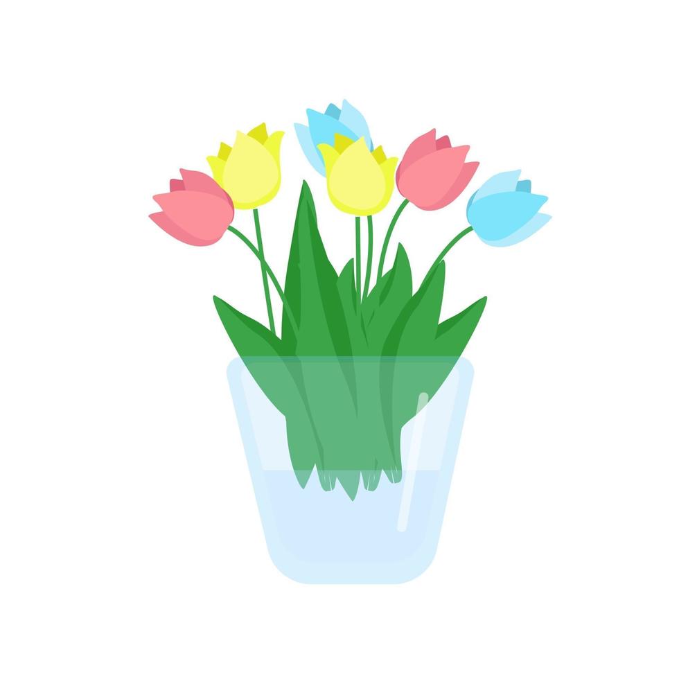 belles fleurs dans un vase, un bouquet de fleurs de jardin mignon tulipes, objet vectoriel dans un style plat sur fond blanc.