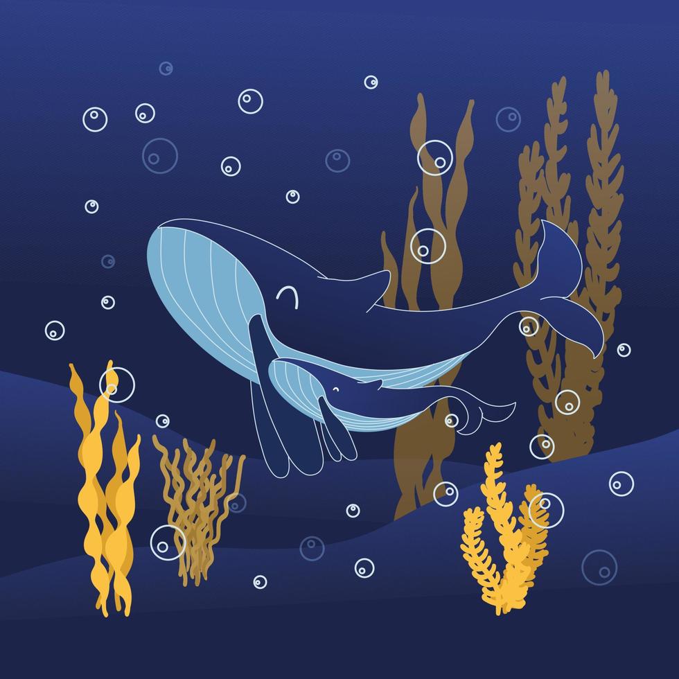 bleu baleines famille maman et bébé sous-marin vecteur illustration