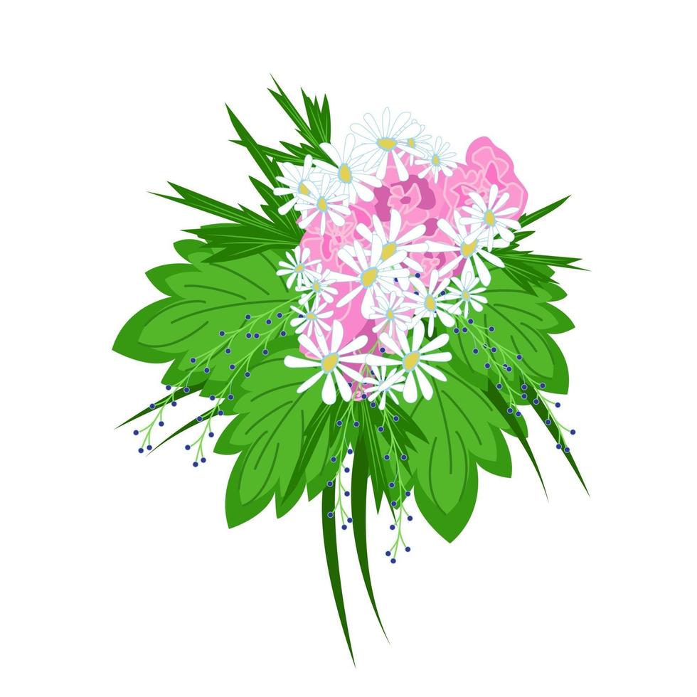 grand bouquet luxuriant de marguerites décoré de feuilles tropicales vertes, de belles fleurs comme cadeau, arrangement floral dans un style plat, vecteur. vecteur