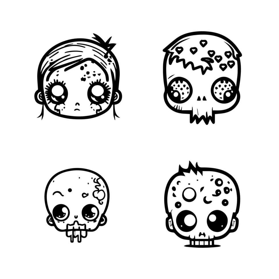 -espiègle et excentrique main tiré kawaii zombi tête collection ensemble, avec mignonne et charmant ligne art des illustrations de Mort-vivant Mignonnerie vecteur