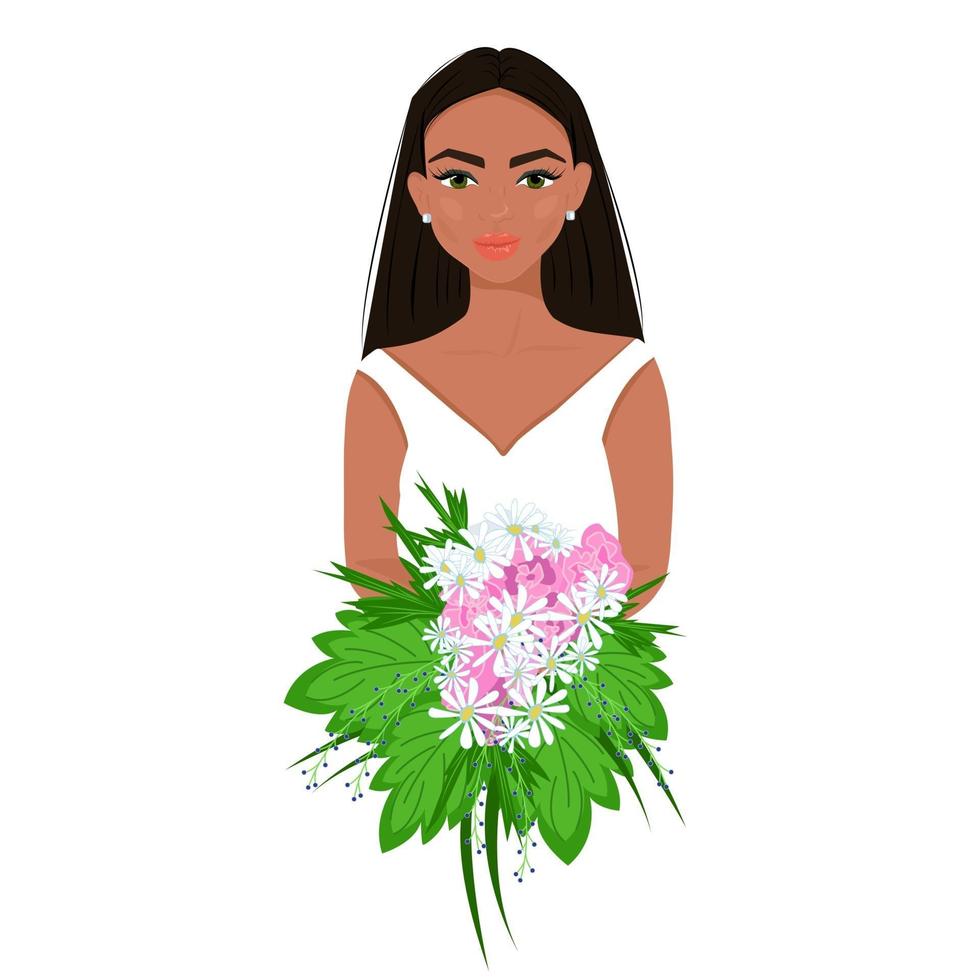 fille en blanc avec un bouquet de fleurs dans ses mains, jolie femme afro avec maquillage, bel avatar féminin, illustration vectorielle dans un style plat. vecteur