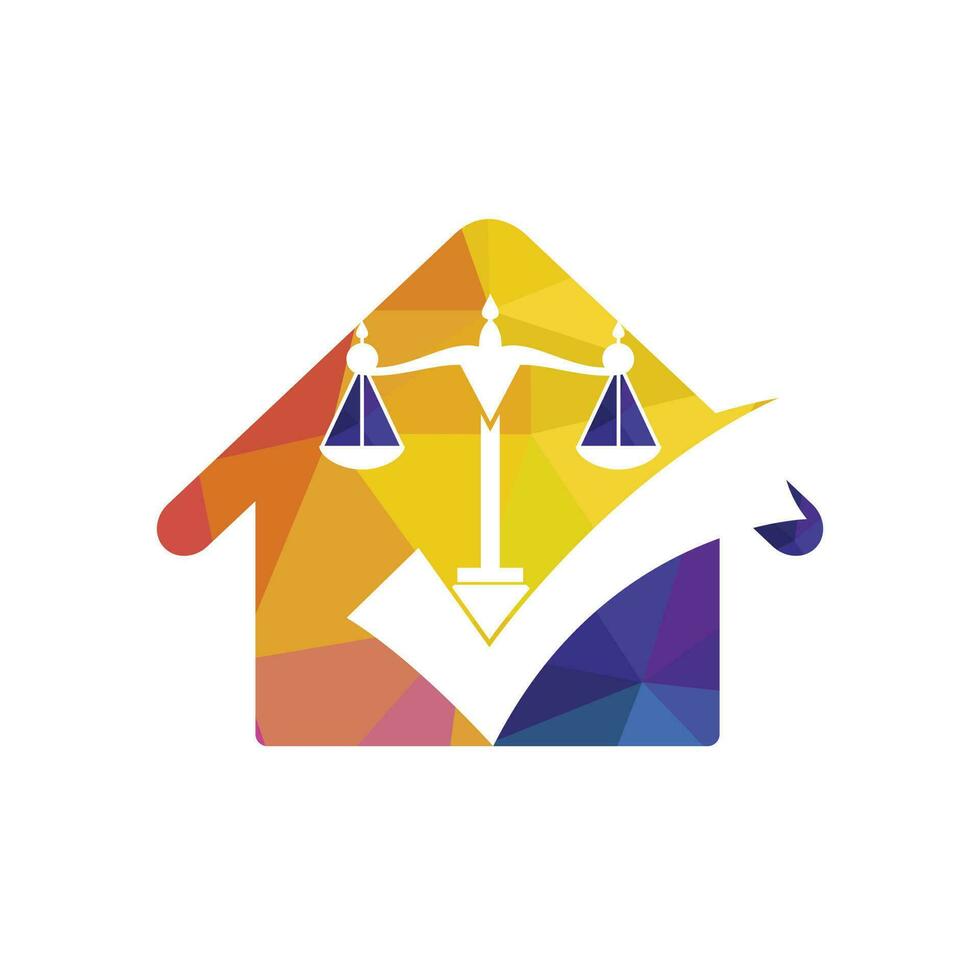 création de logo vectoriel de cabinet d'avocats. échelle de loi et signe de contrôle avec la conception de vecteur d'icône de maison.