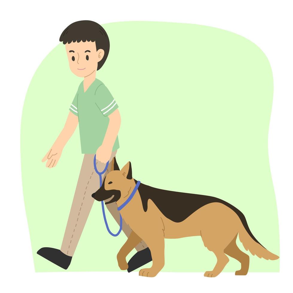 Jeune homme en marchant allemand berger chien race formation vecteur