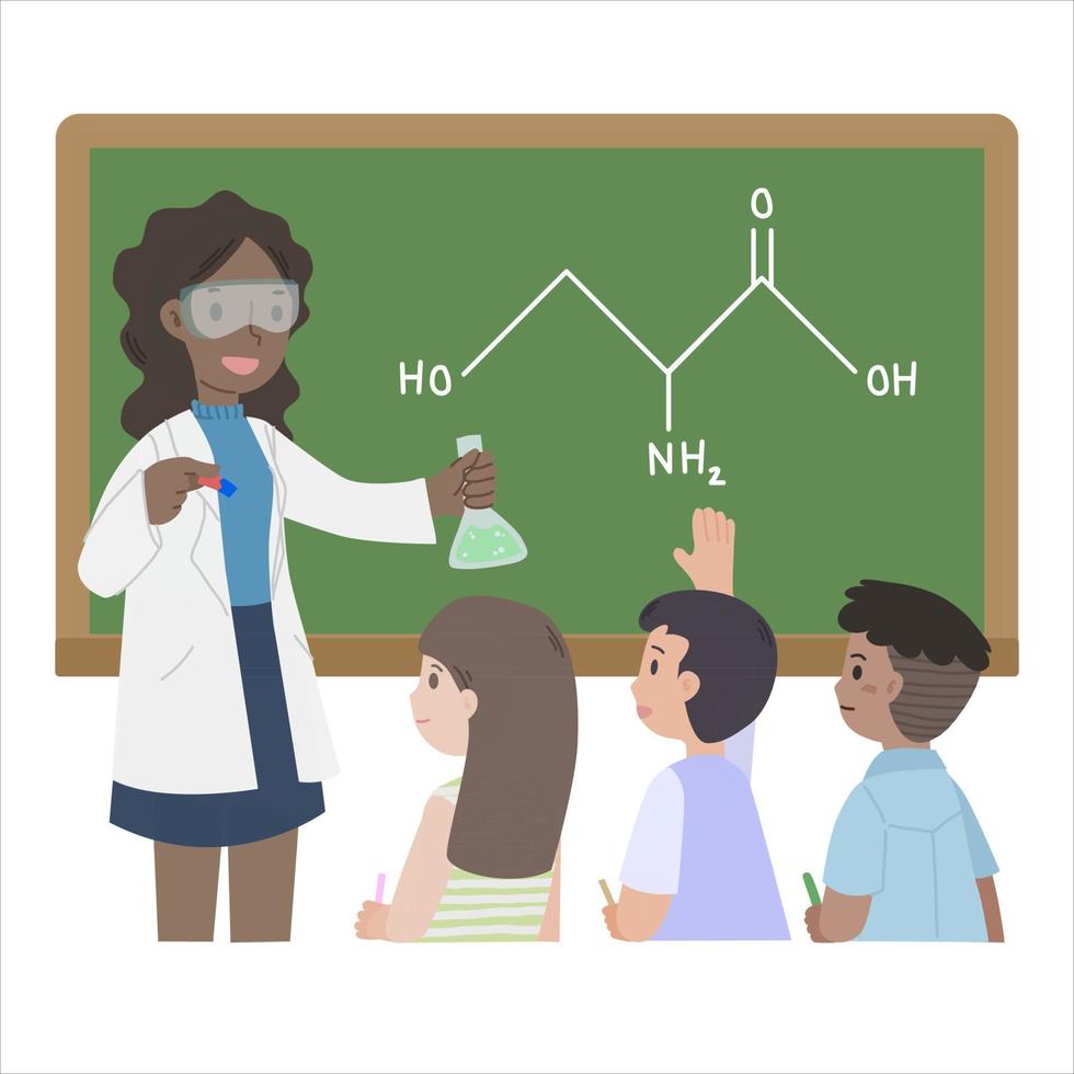 Jeune femelle école prof enseignement chimie base acide théorie à élèves en utilisant tableau noir. élèves concentrer sur le matière vecteur