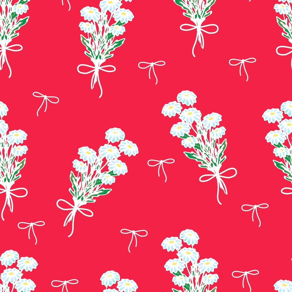 marguerites sur fond coloré, marguerites sauvages attachées avec un ruban rouge, fleurs de printemps, impression de vecteur d'été dans le style d'un doodle.