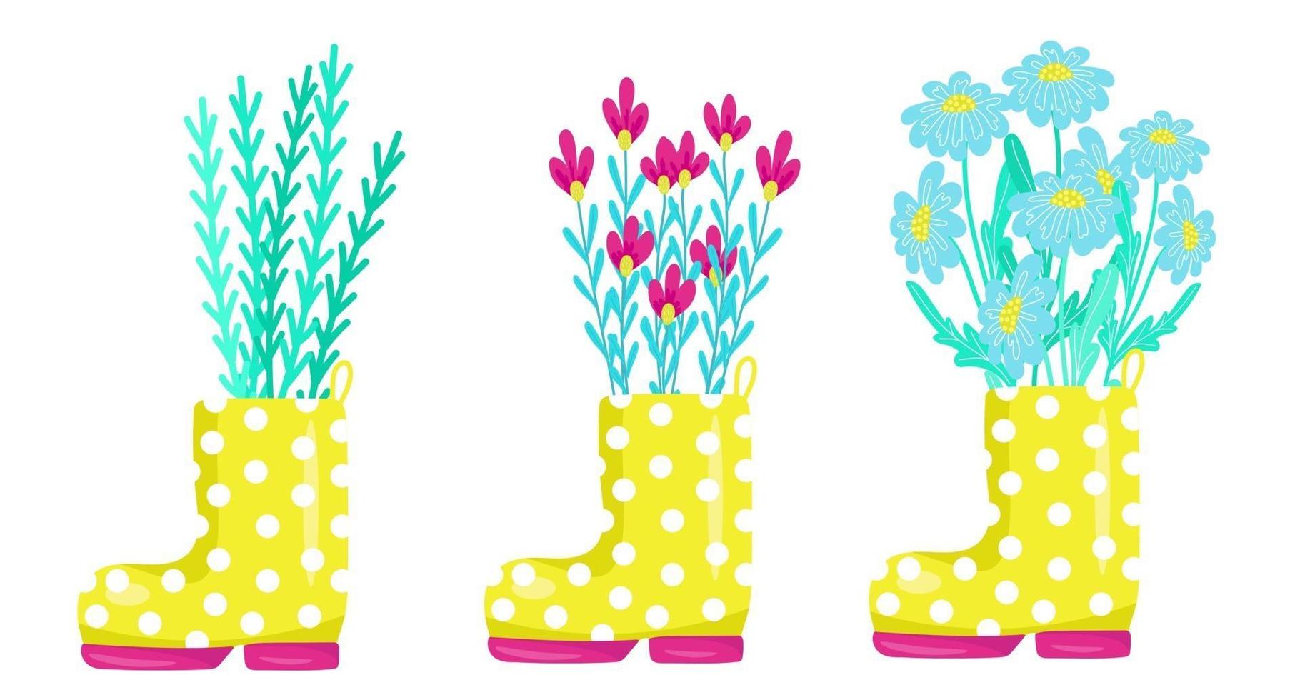 joli ensemble de fleurs de printemps dans des bottes en caoutchouc jaune, élément de conception et de décoration, composition de printemps, illustration vectorielle en style cartoon, dessin à la main. vecteur