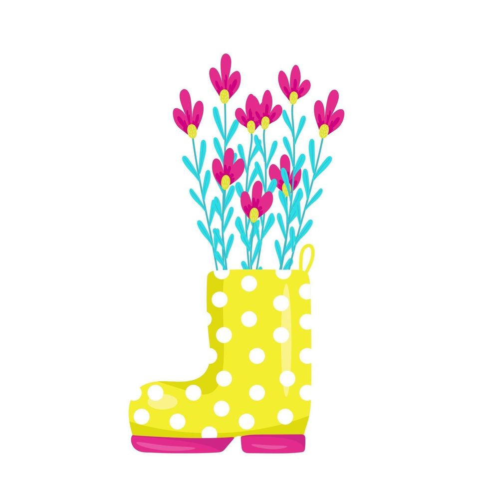 jolies fleurs de printemps dans des bottes en caoutchouc jaune, élément de conception et de décoration, composition de printemps, illustration vectorielle en style cartoon, dessin à la main. vecteur