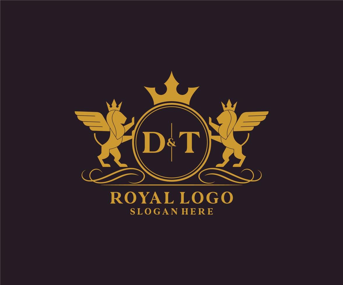 initiale dt lettre Lion Royal luxe héraldique, crête logo modèle dans vecteur art pour restaurant, royalties, boutique, café, hôtel, héraldique, bijoux, mode et autre vecteur illustration.