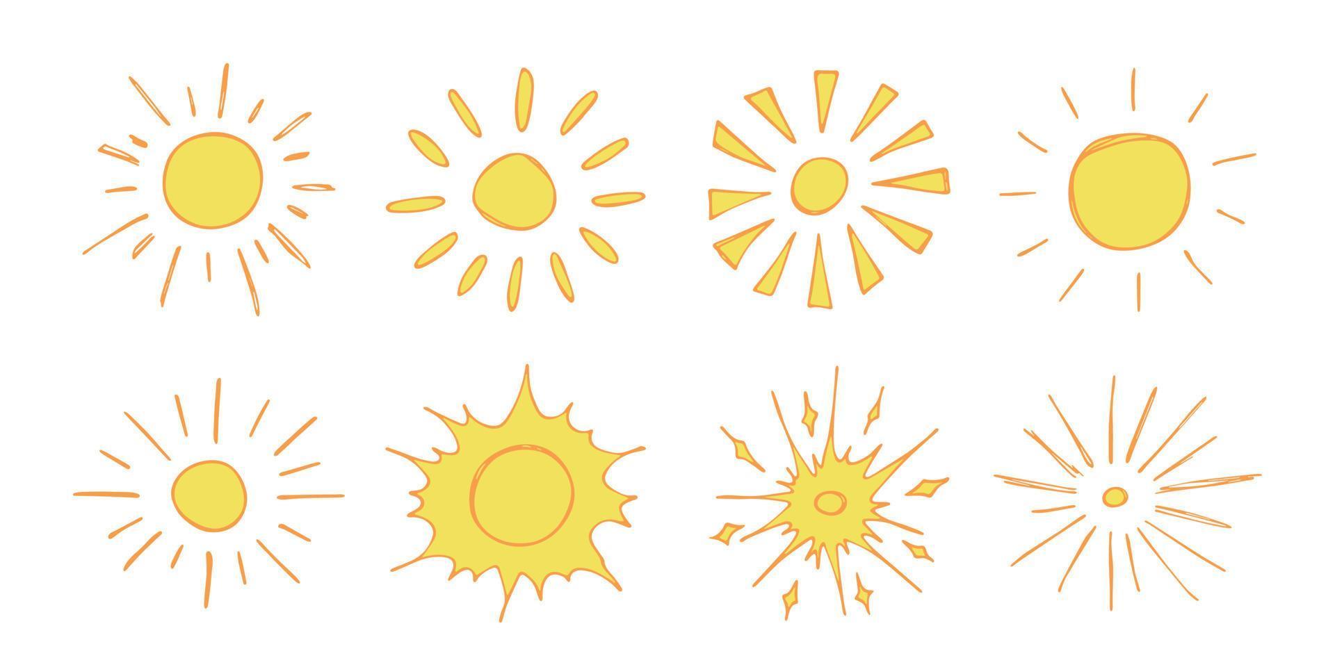 symbole de soleil abstrait dessiné à la main. jeu de doodle d'été. éléments vectoriels pour la conception vecteur