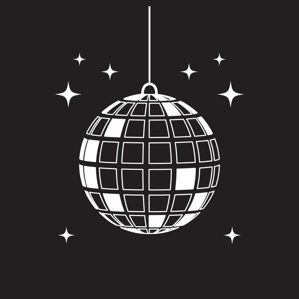 blanc disco Balle avec rétro étoiles sur une noir Contexte. Années 70 rétro impression pour graphique tee. vecteur