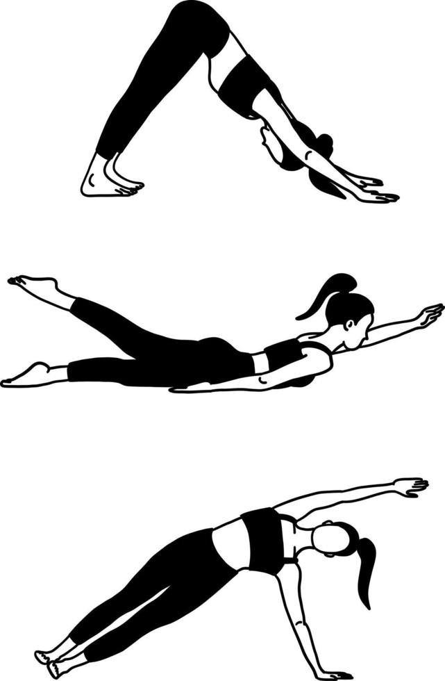 souplesse yoga pose collection. noir et blanche. femme, dame, femme, fille. méditation, pilates, mental santé, entraînement. vecteur illustration dans dessin animé plat style isolé sur blanc Contexte.