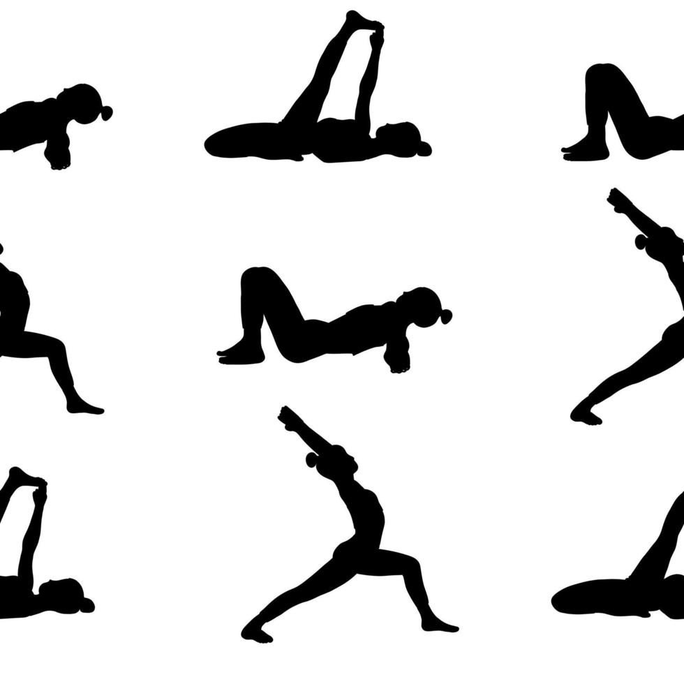 yoga pose sans couture modèle. noir ombre. femme, dame, femme, fille. méditation, pilates, mental santé, entraînement, texture. vecteur illustration dans dessin animé plat style isolé sur blanc Contexte.