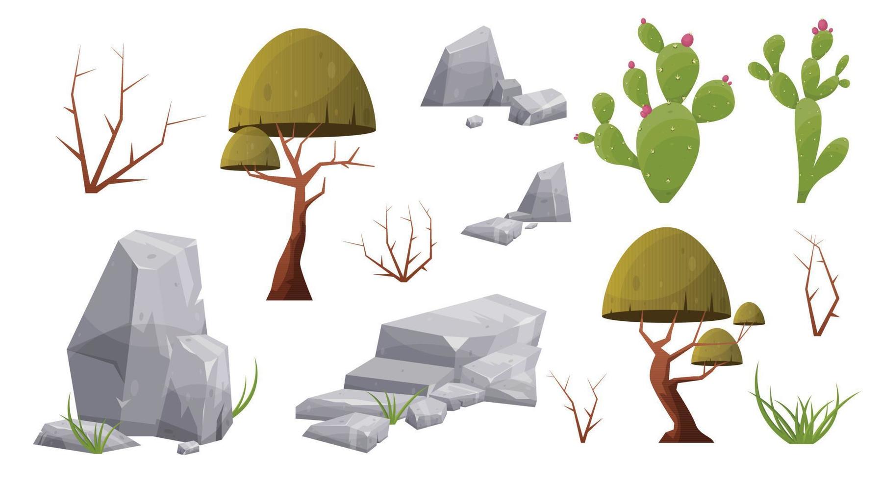 désert flore collection avec Montagne rochers, végétaux, cactus, des arbres, des buissons et herbe. sauvage désert éléments dans dessin animé style isolé sur blanc vecteur