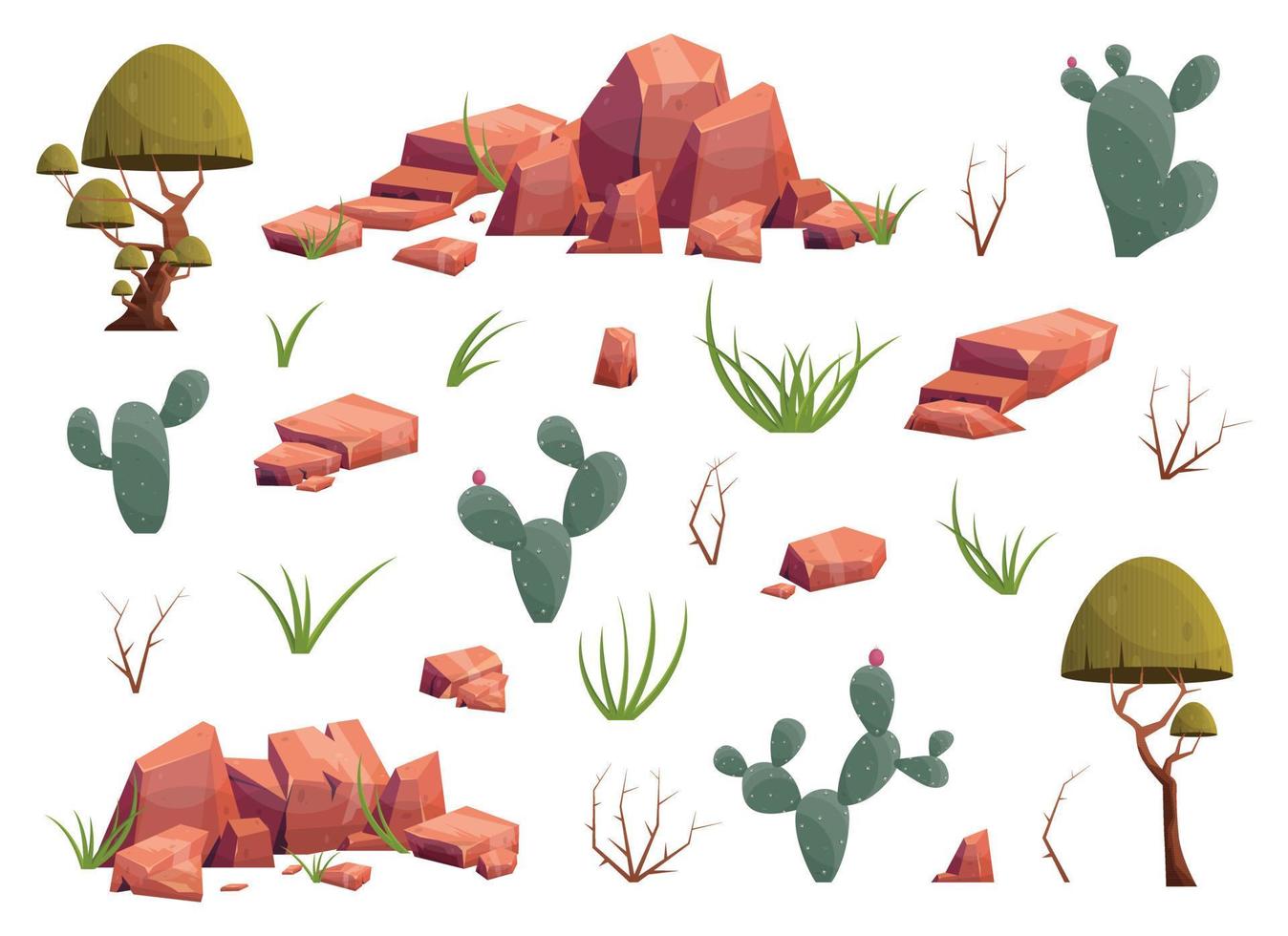 désert flore collection avec Montagne rochers, végétaux, cactus, des arbres, des buissons et herbe. sauvage désert éléments dans dessin animé style isolé sur blanc vecteur