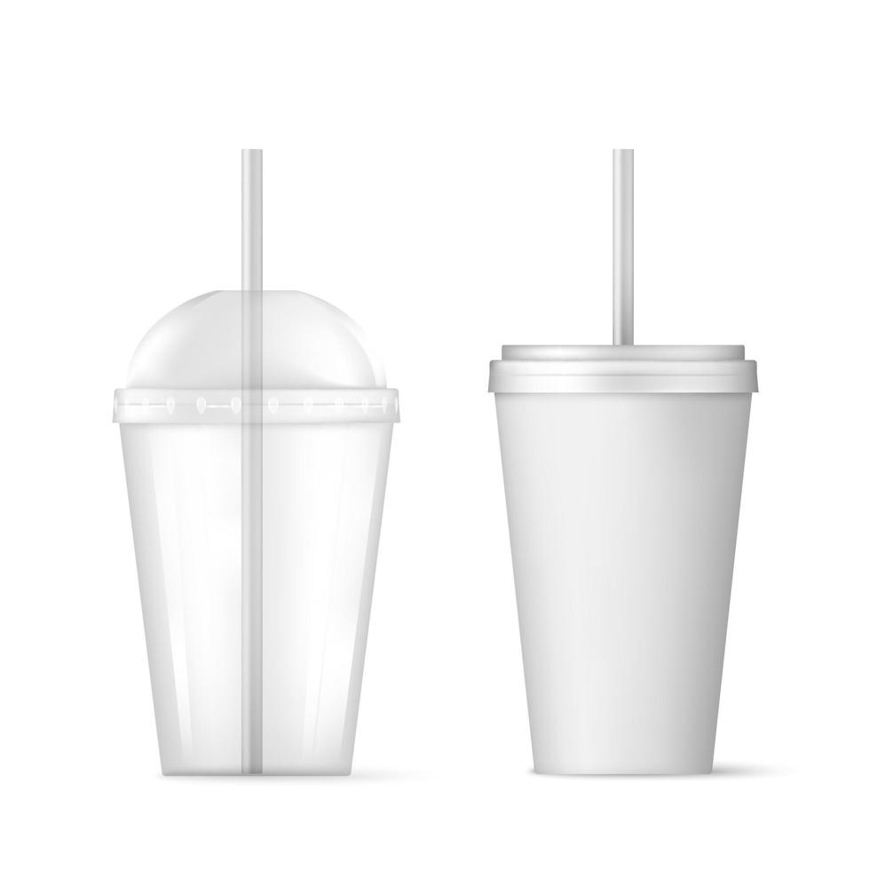 Plastique transparent jetable tasse avec paille pour cocktail et jetable récipient pour la glace boire. vecteur illustration isolé sur blanc Contexte