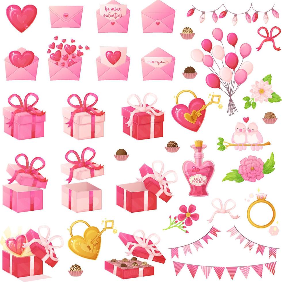 ensemble d'objets rose saint valentin. symboles de décoration romantique dans un style de dessin animé réaliste. vecteur