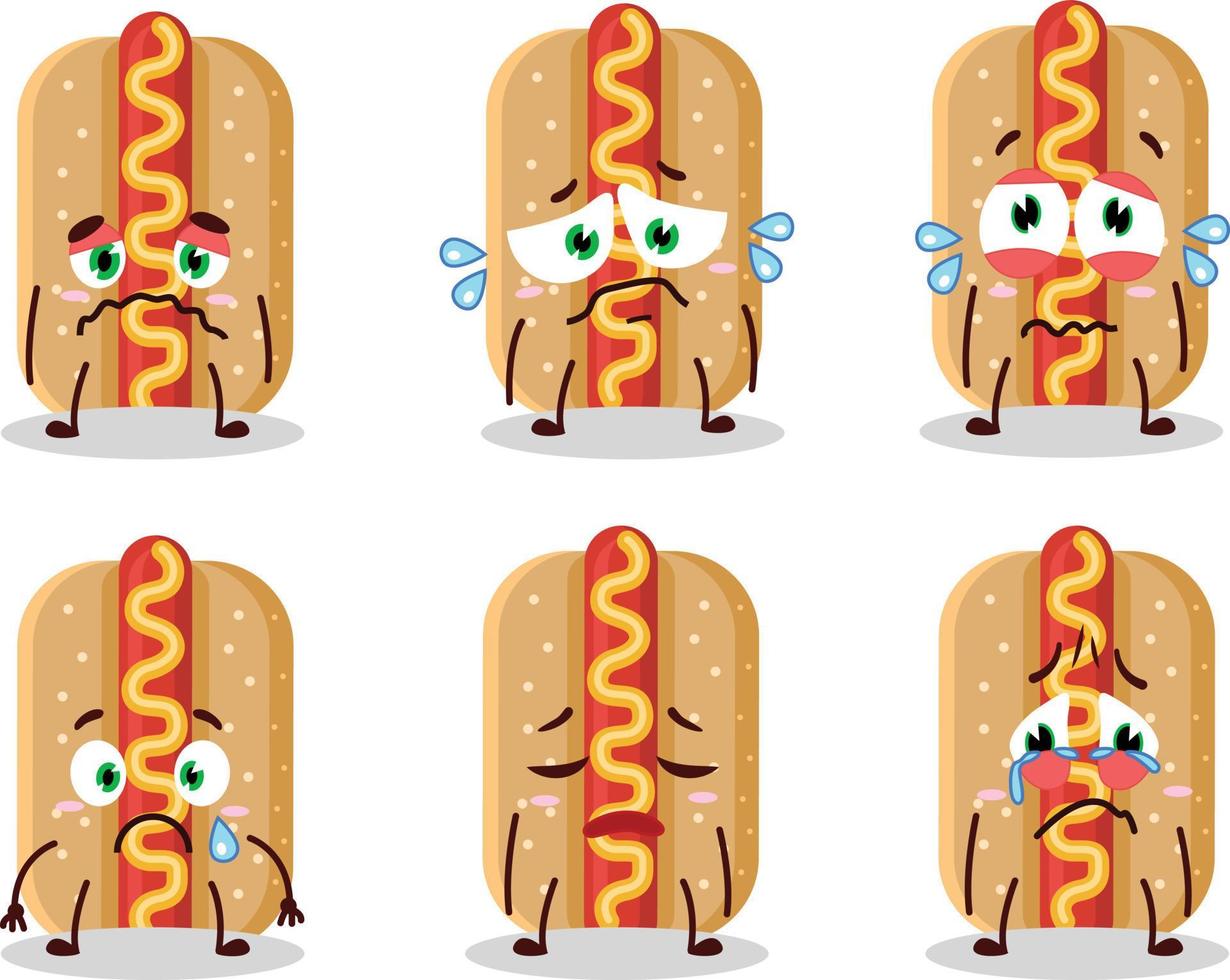 Hot-dog dessin animé dans personnage avec triste expression vecteur