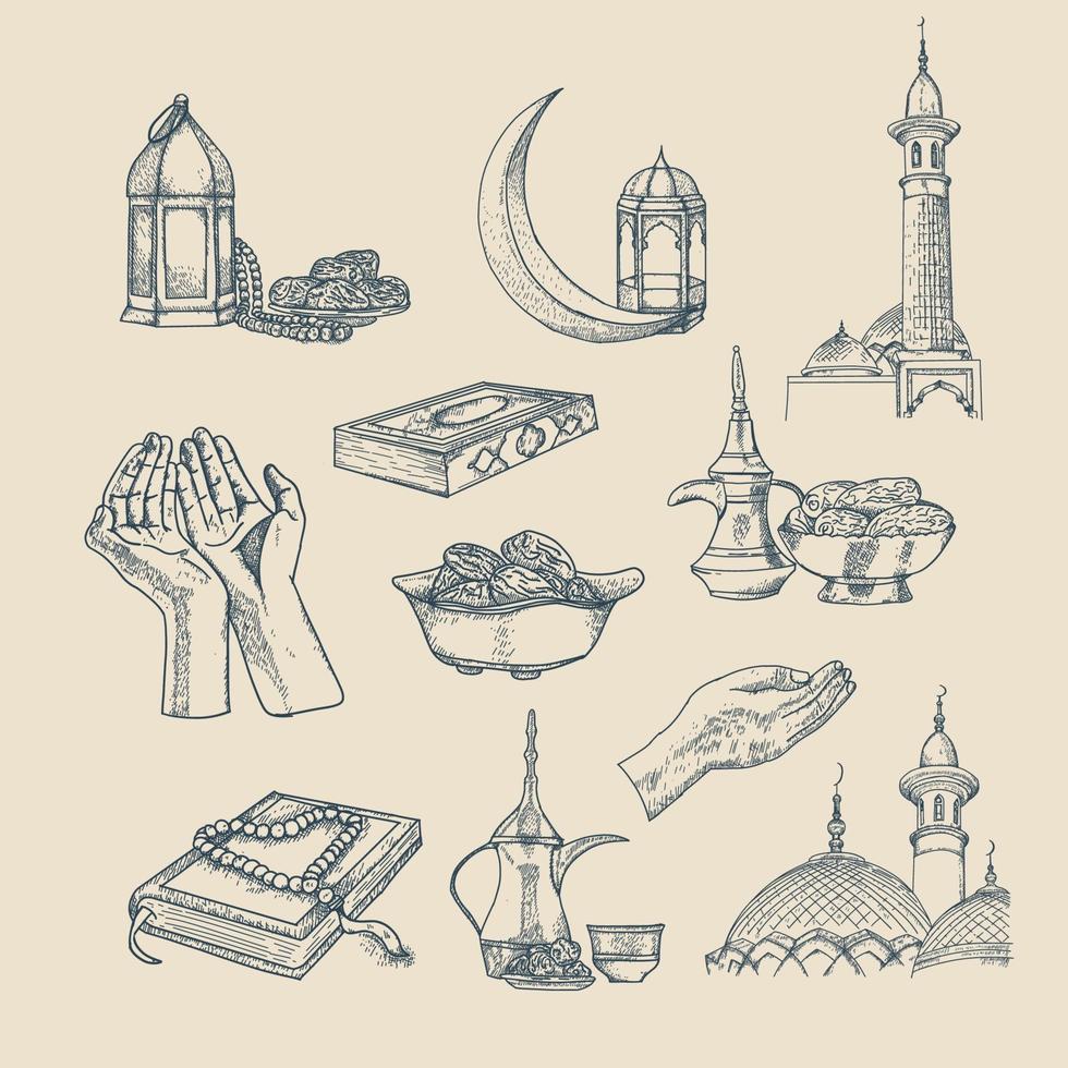 illustration vectorielle dessinés à la main islamique. inclus musulman, prier, mosquée, religion illustration vectorielle dessinés à la main vecteur