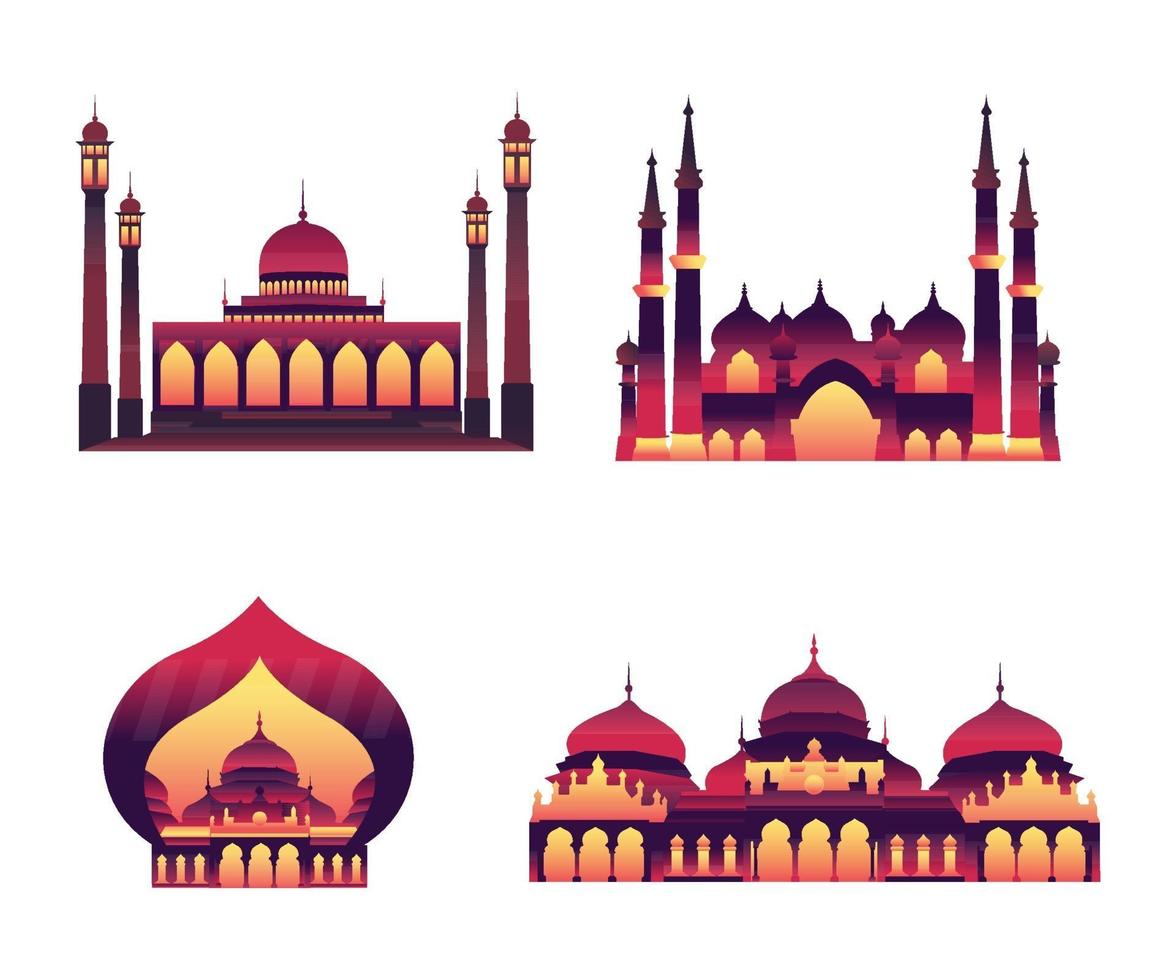 collection de bâtiments de mosquée islamique moderne plat élégant vecteur