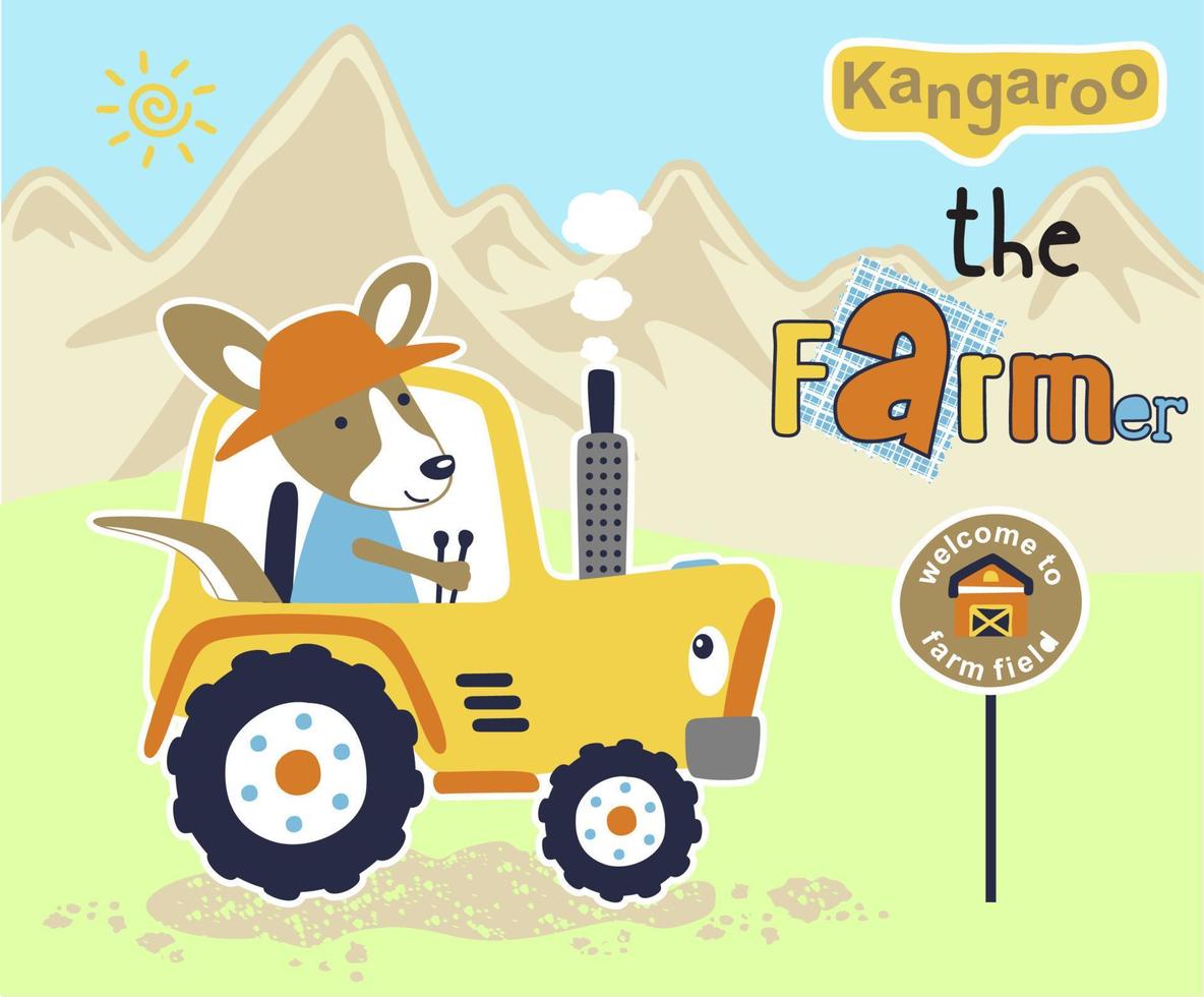 vecteur dessin animé de marrant kangourou conduite tracteur sur Montagne Contexte