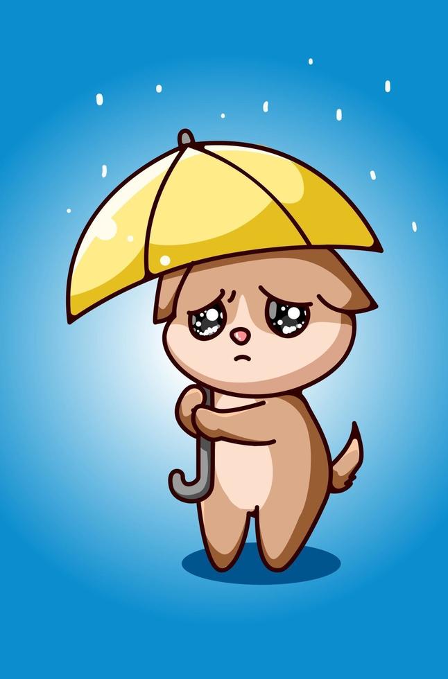 petit chien triste sous le parapluie dessin à la main vecteur