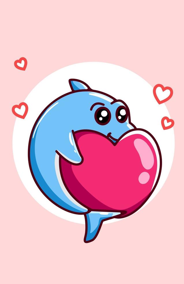 kawaii bébé requin avec amour en illustration de dessin animé de la saint-valentin vecteur