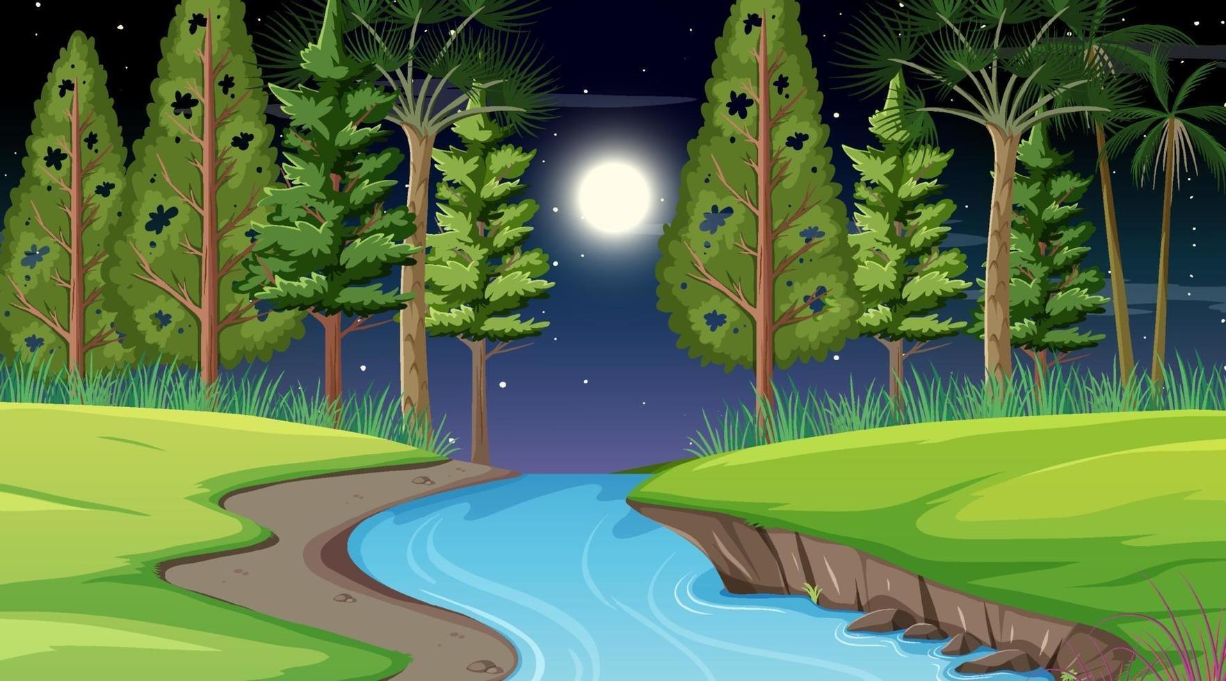 rivière à travers la scène de la forêt la nuit vecteur