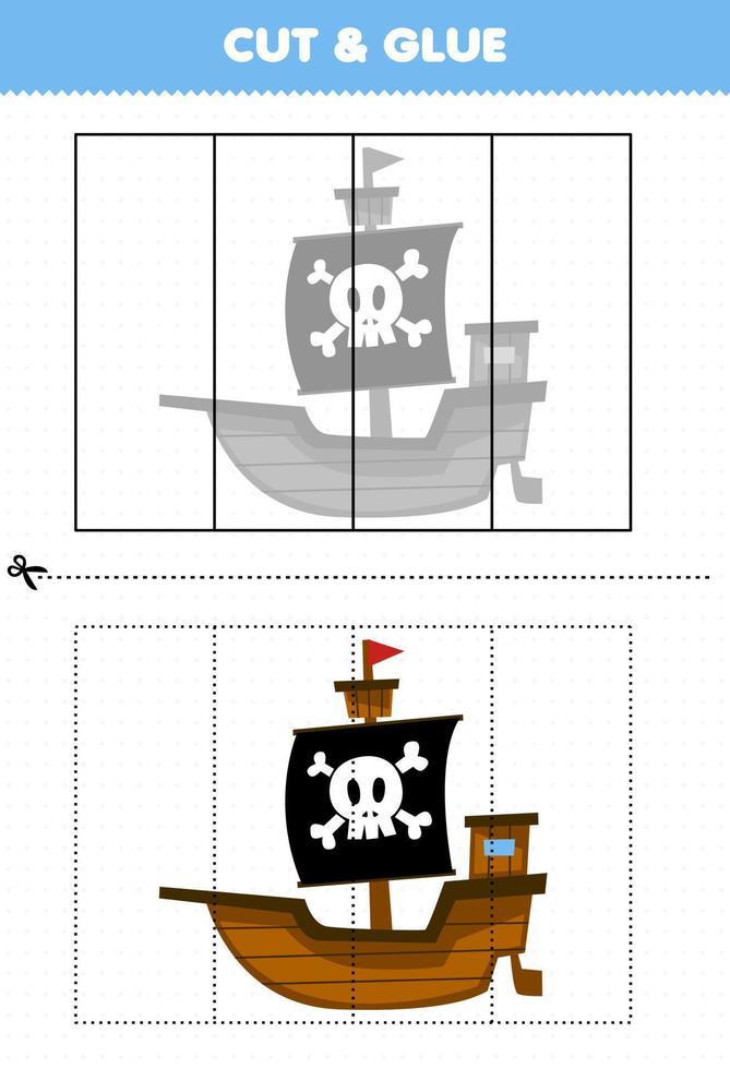 éducation Jeu pour les enfants Couper et la colle avec mignonne dessin animé navire imprimable pirate feuille de travail vecteur