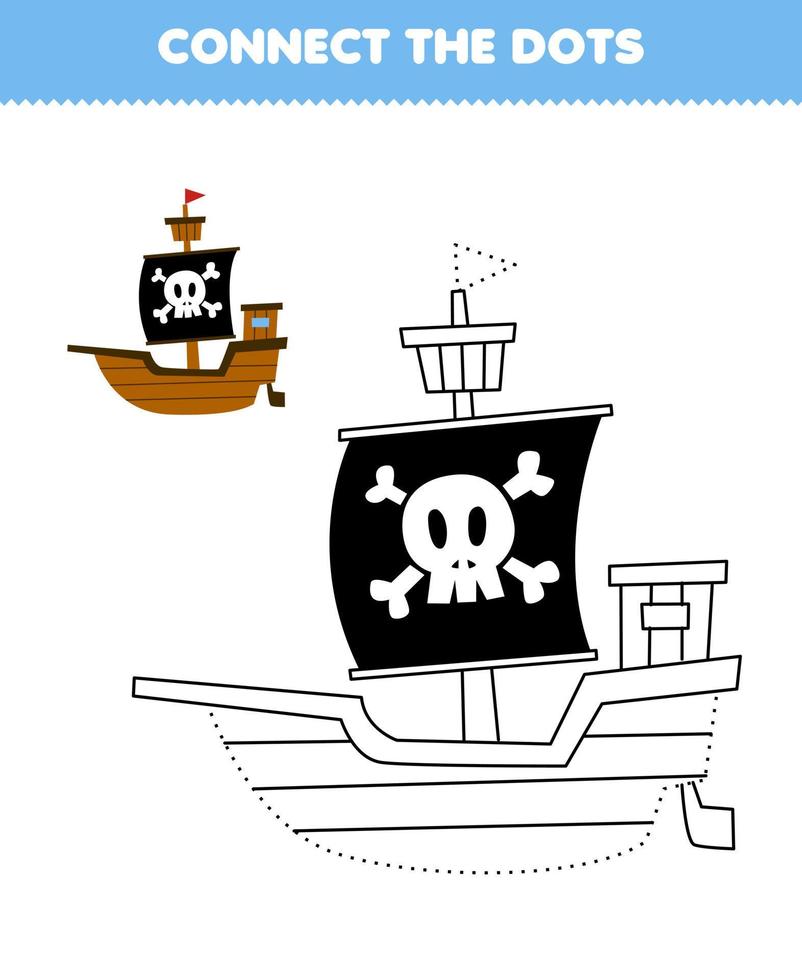 éducation Jeu pour les enfants relier le points et coloration entraine toi avec mignonne dessin animé navire imprimable pirate feuille de travail vecteur