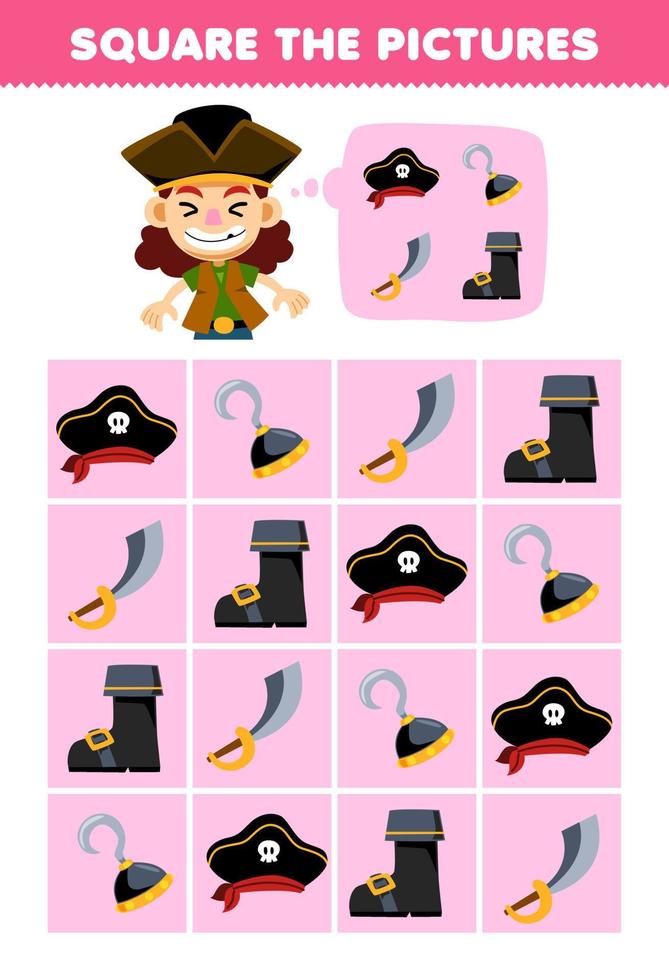 éducation Jeu pour les enfants Aidez-moi mignonne dessin animé garçon carré le correct chapeau crochet épée démarrage ensemble image imprimable pirate feuille de travail vecteur