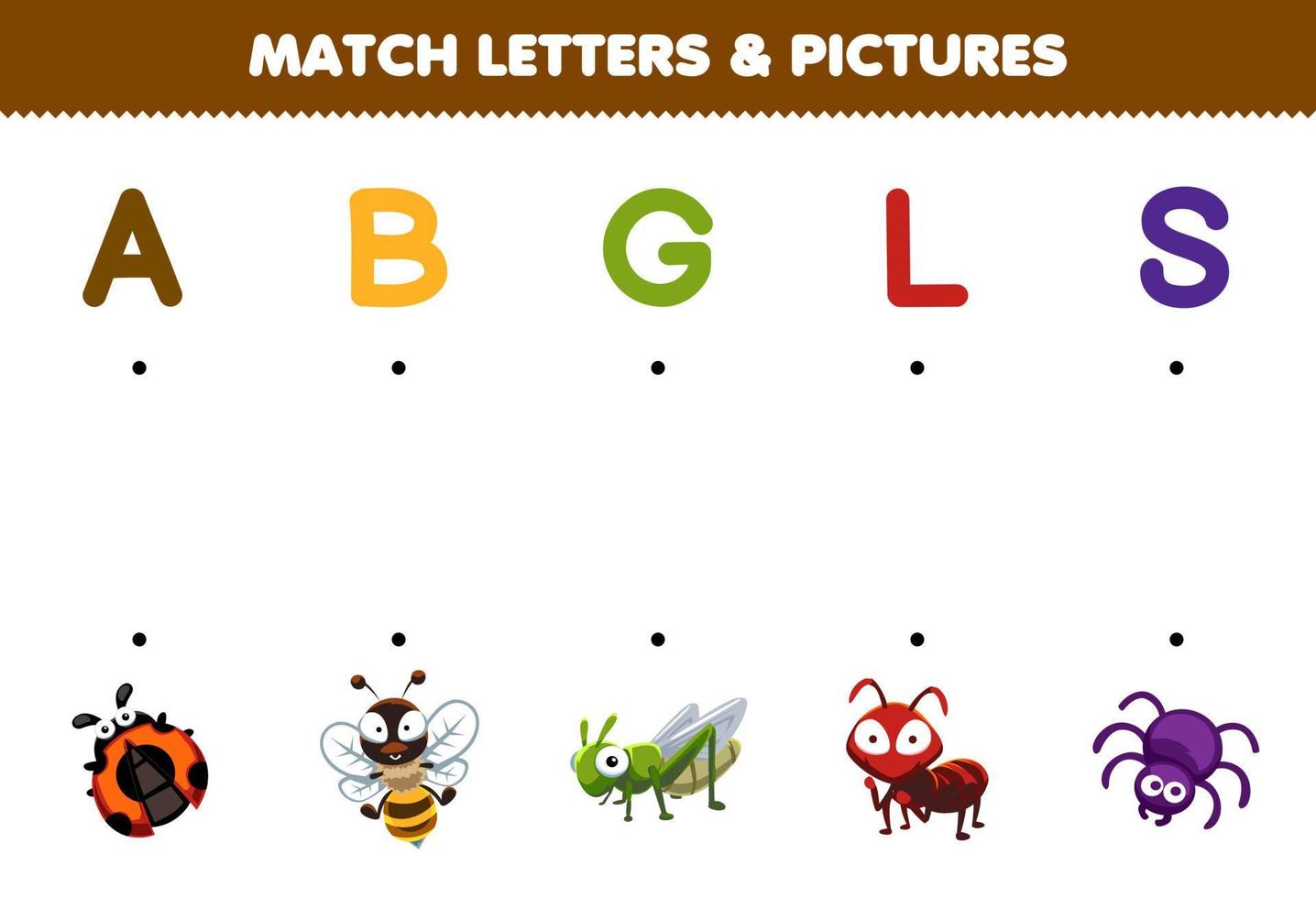 éducation Jeu pour les enfants rencontre des lettres et des photos de mignonne dessin animé coccinelle abeille sauterelle fourmi araignée imprimable animal feuille de travail vecteur