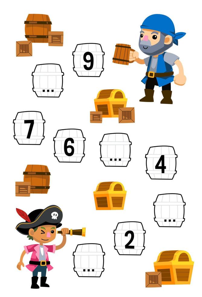 éducation Jeu pour Achevée le séquence de nombre avec mignonne dessin animé garçon et vieux homme autour le barils image imprimable pirate feuille de travail vecteur