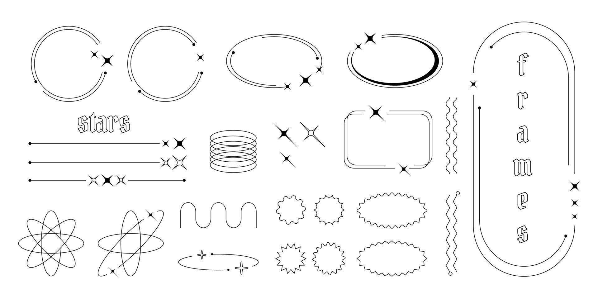 ensemble de y2k frontière ligne cadres avec étoiles, Étiquettes, autocollants, abstrait ondulé et cercle éléments. vecteur