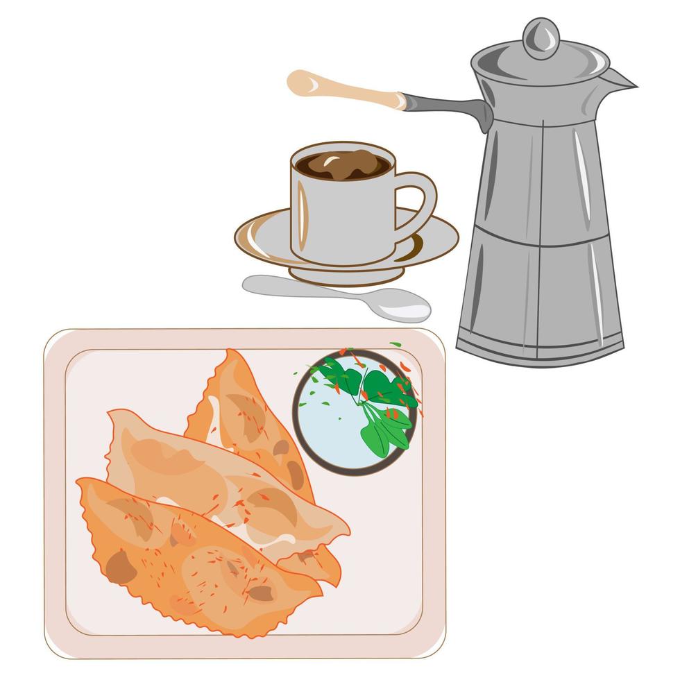 café ensemble. thé avec citron tasse et café pot avec sucre et une cuillère sur une soucoupe. café magasin illustration bannière affiche affaires carte. vecteur