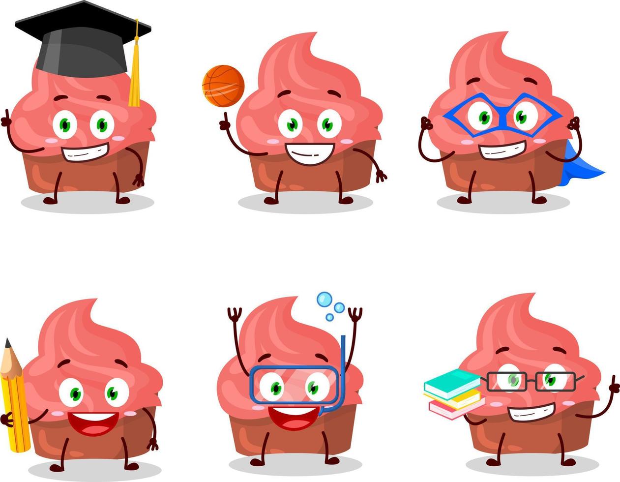 école étudiant de fraise gâteau dessin animé personnage avec divers expressions vecteur