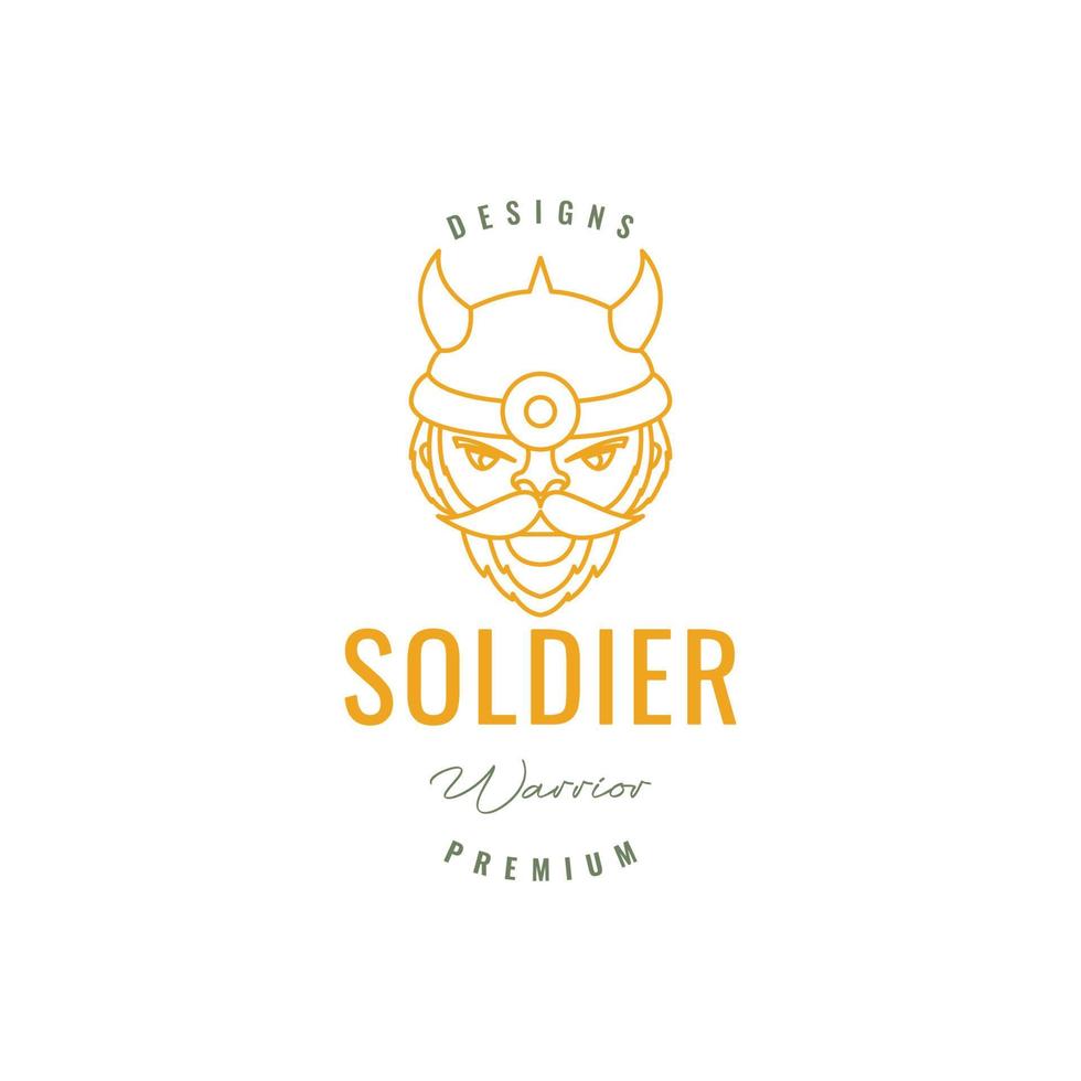 mascotte dessin animé vieux homme soldat guerrier vieux Légende casque klaxon ligne logo conception vecteur